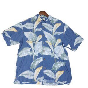 Tommy Bahama Button Up Shirt Men Medium Blue Hawaiian Floral Aloha Retro Vintage